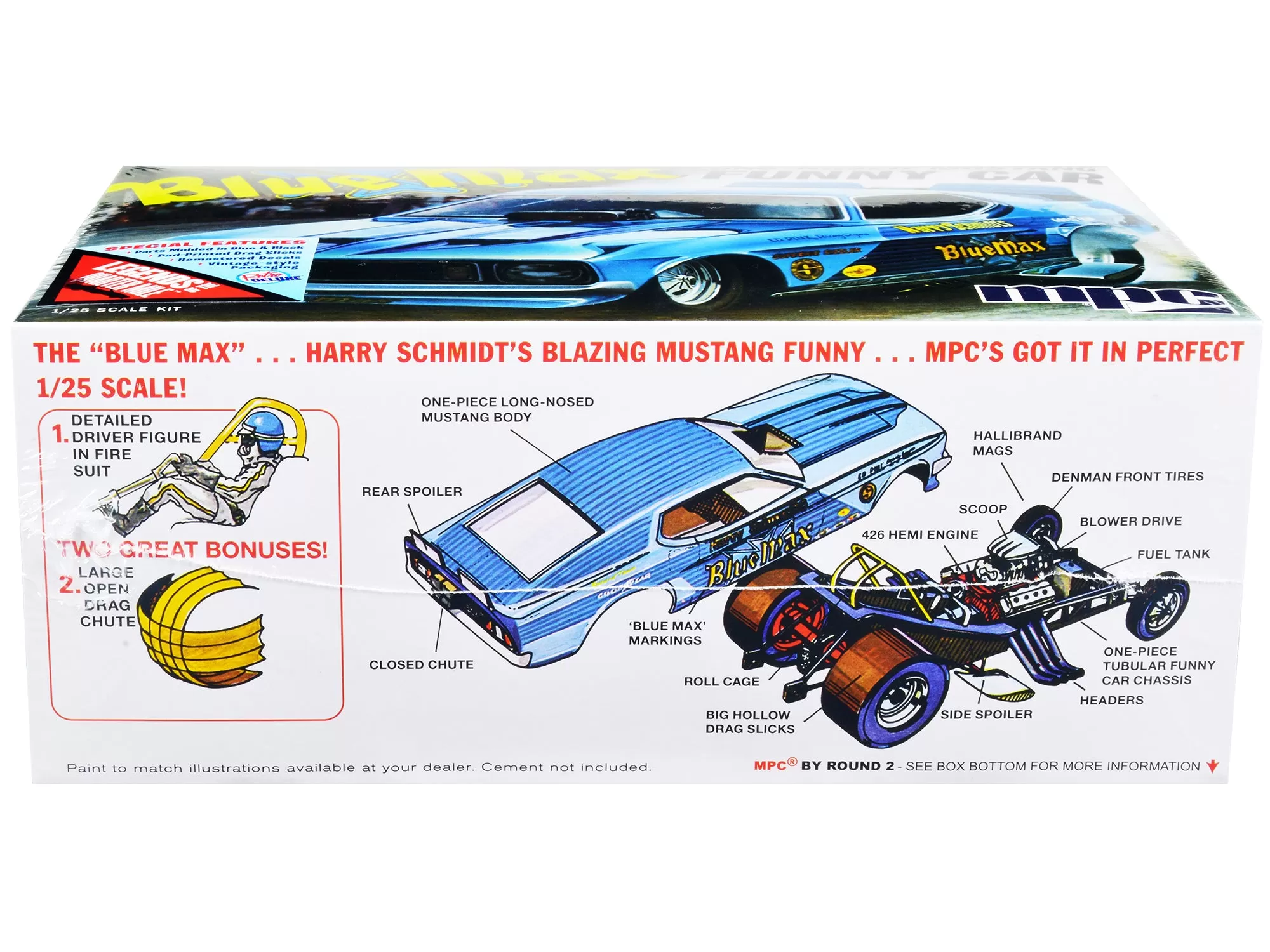 Skill 2 Model Kit Blue Max Long Nose Mustang Funny Car 1/25 Scale Model Car by MPC