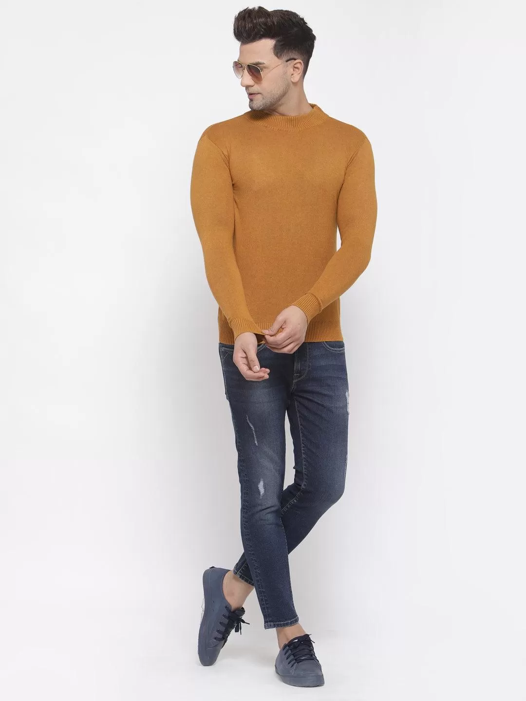 Style Quotient Men Solid Brown Knitted Regular Sweatshirt