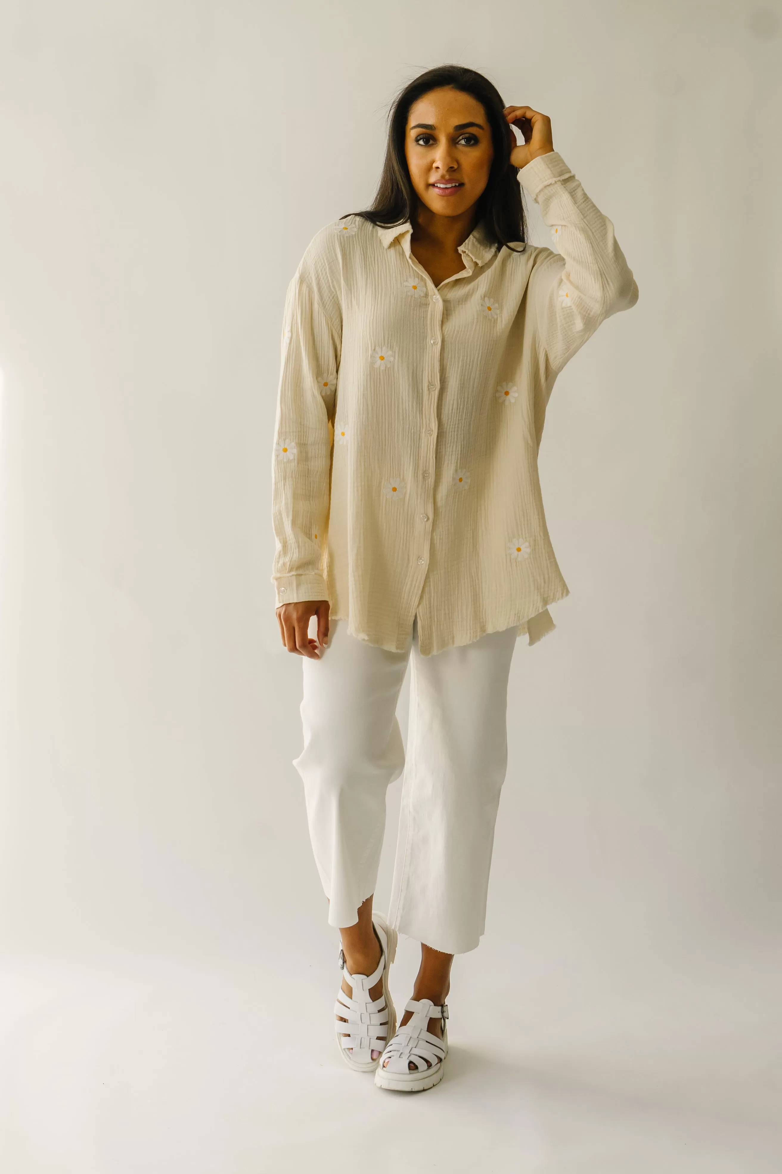 The Baytown Daisy Embroidered Blouse in Taupe