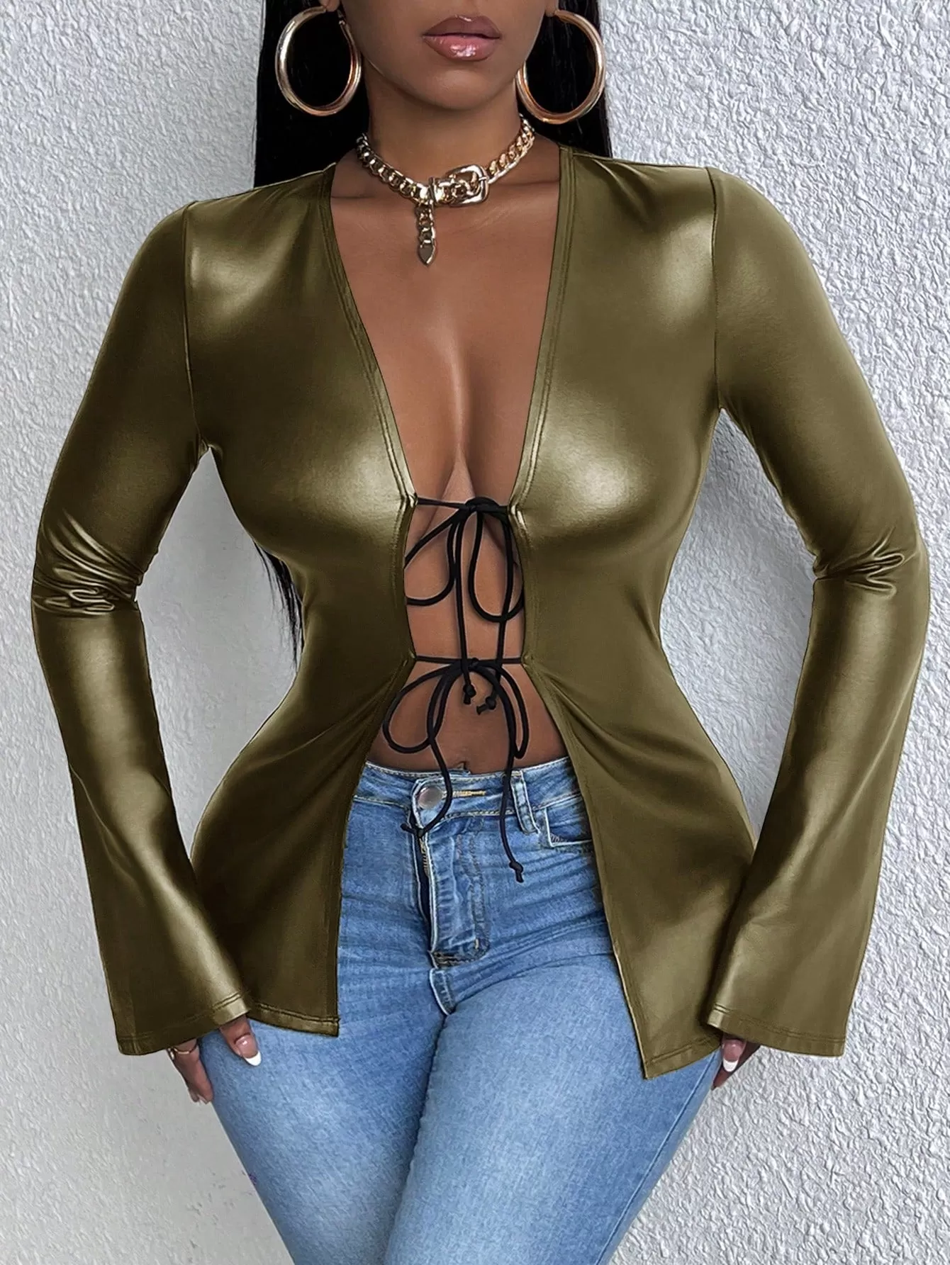 Tie Front Flare Sleeve PU Leather Blouse