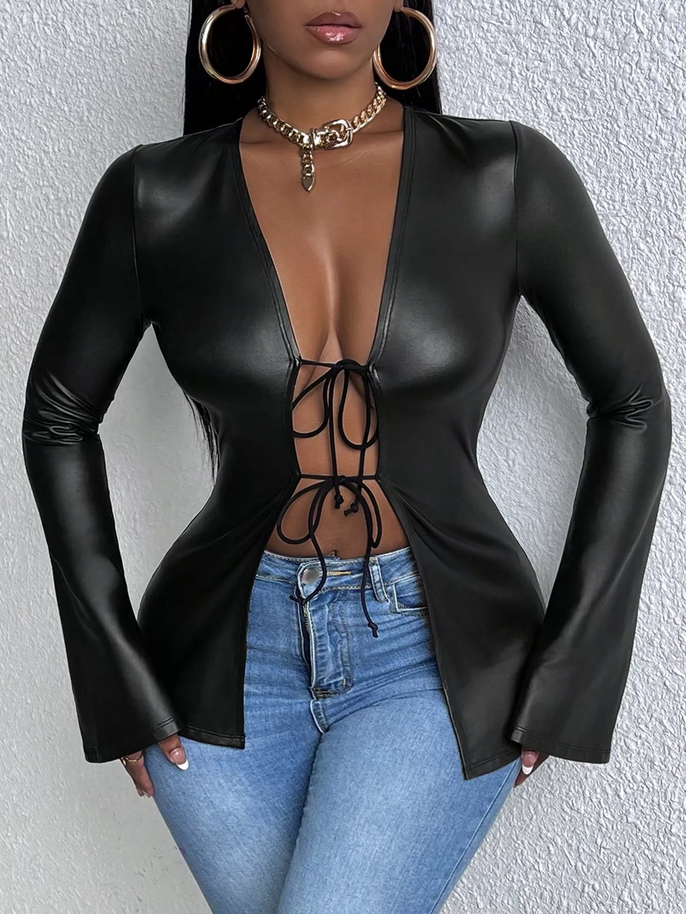 Tie Front Flare Sleeve PU Leather Blouse