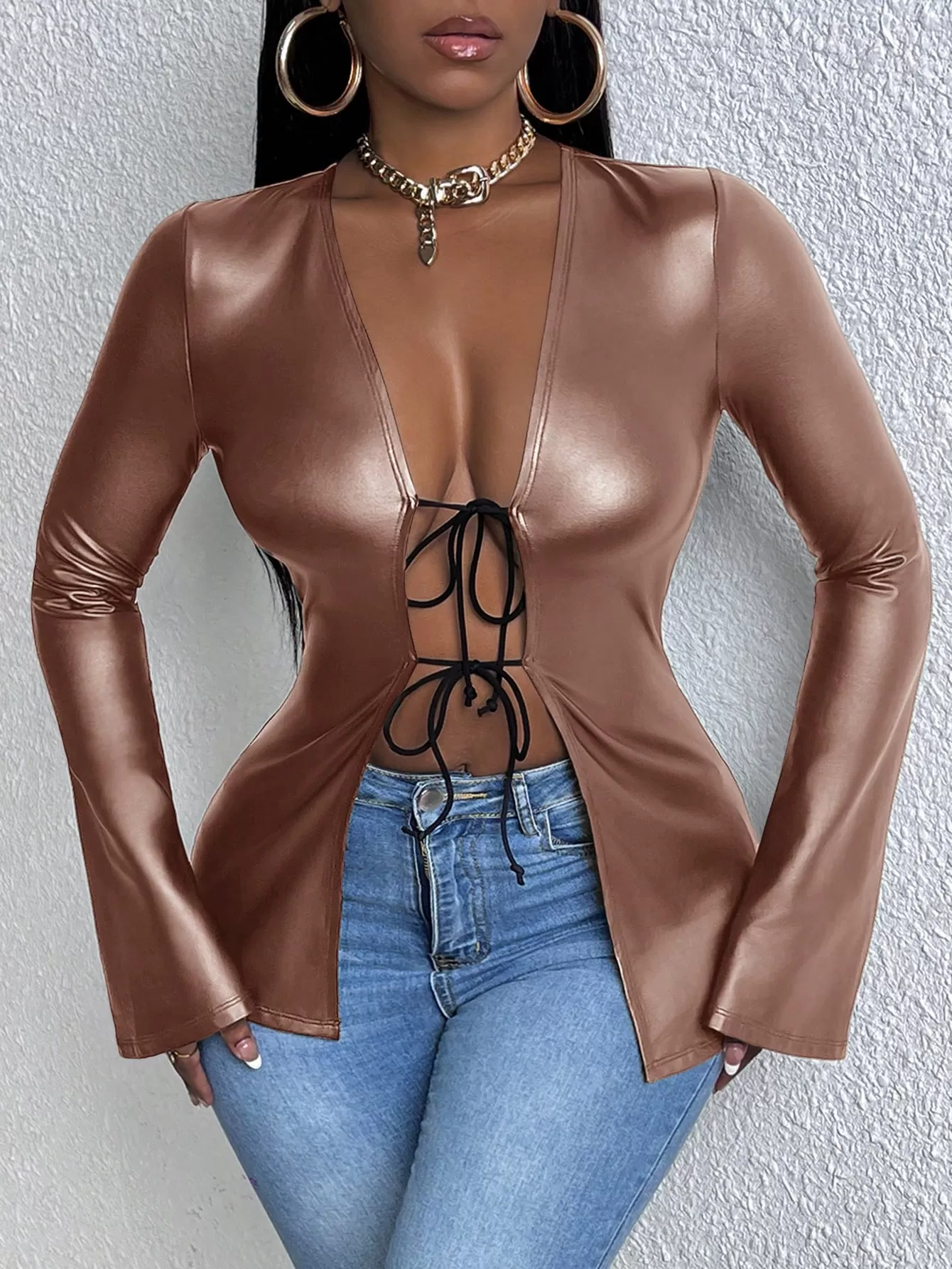 Tie Front Flare Sleeve PU Leather Blouse