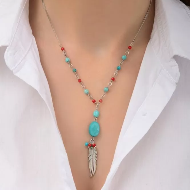 Turquoise Pendant Feather Necklace by Satellite Paris