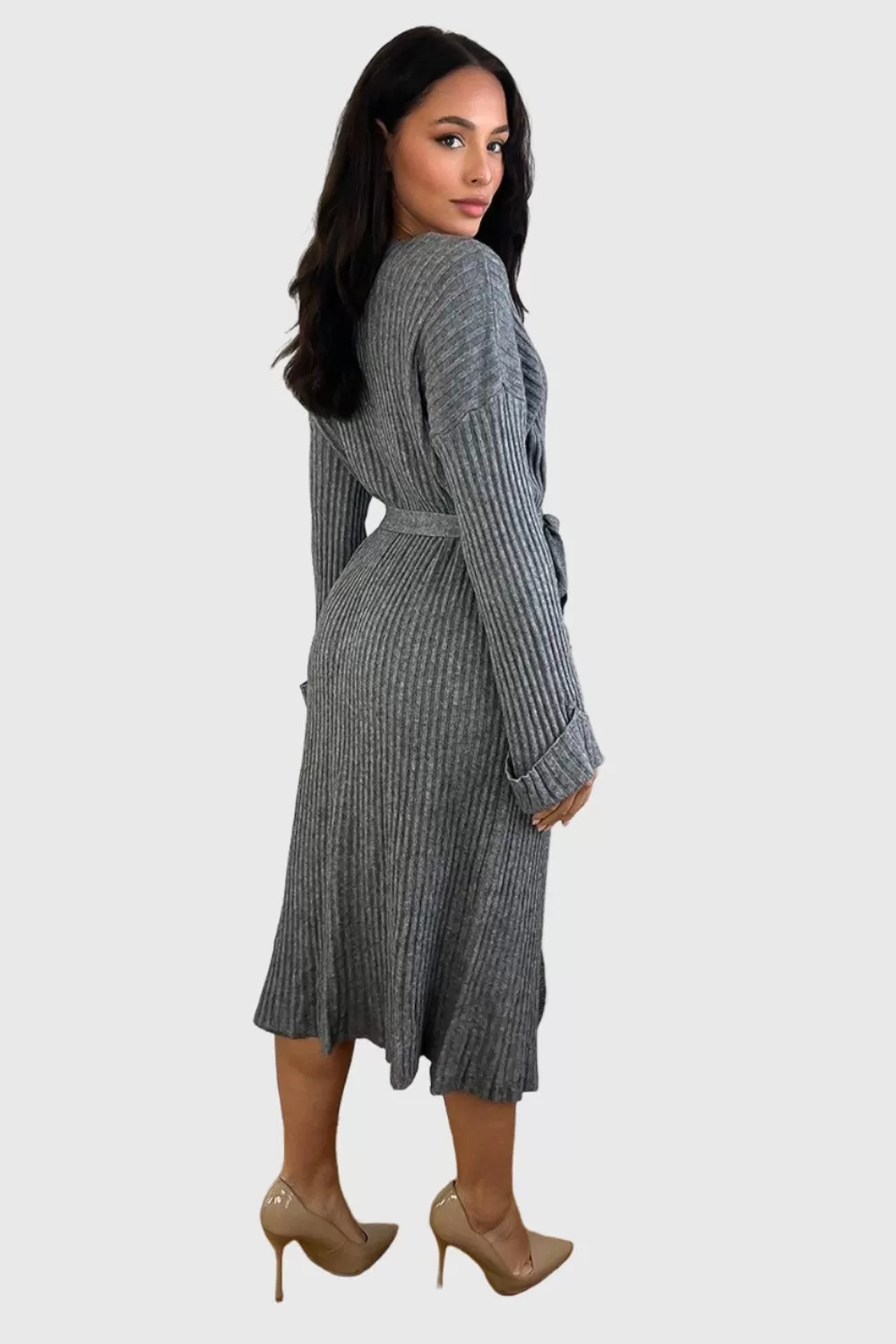 Waist Tie Button Detail Midi Knitted Dress