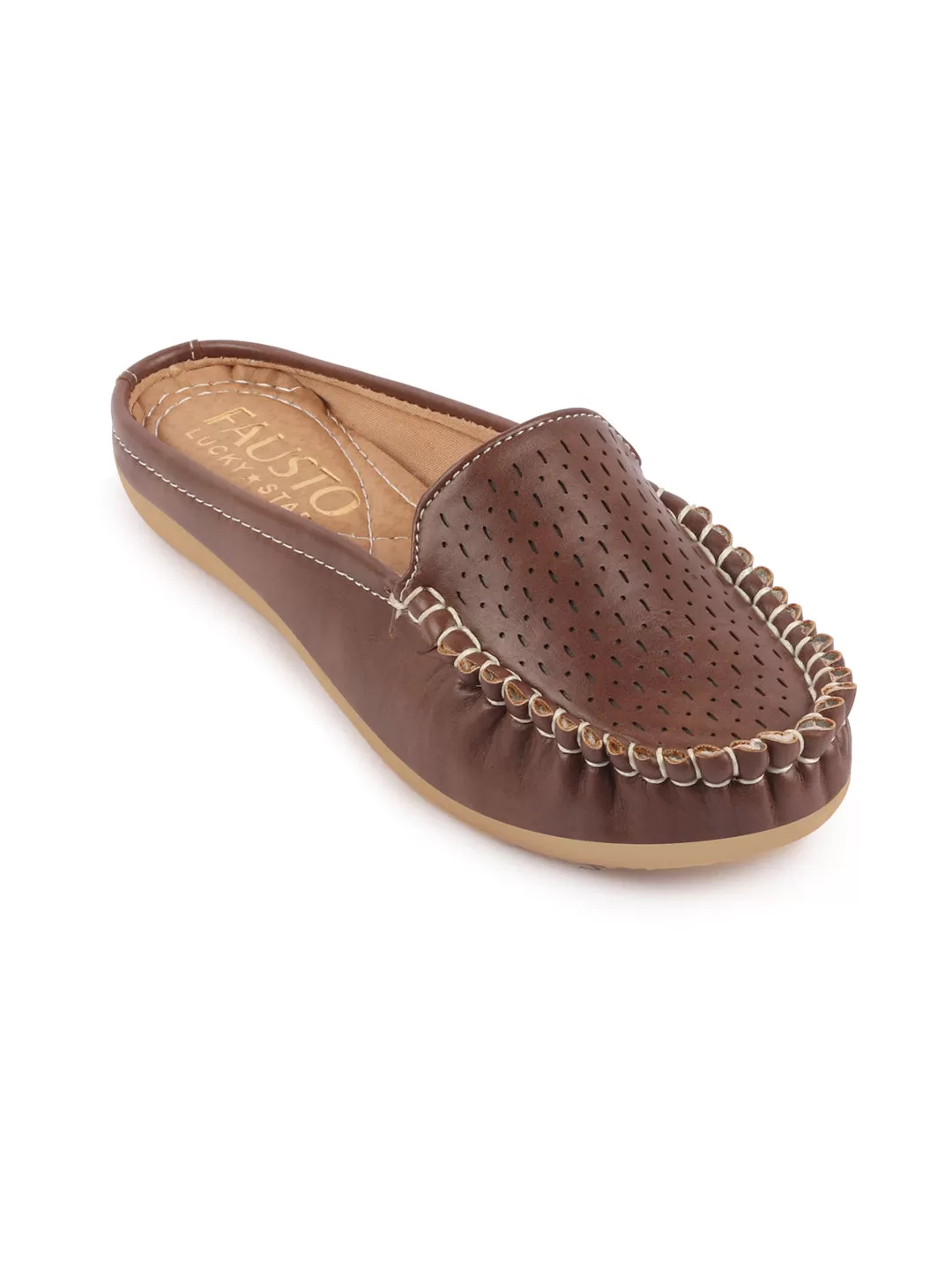 Women Brown Side Stitched Laser Cut Design Back Open Slip On Mules Shoes