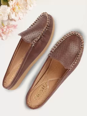 Women Brown Side Stitched Laser Cut Design Back Open Slip On Mules Shoes