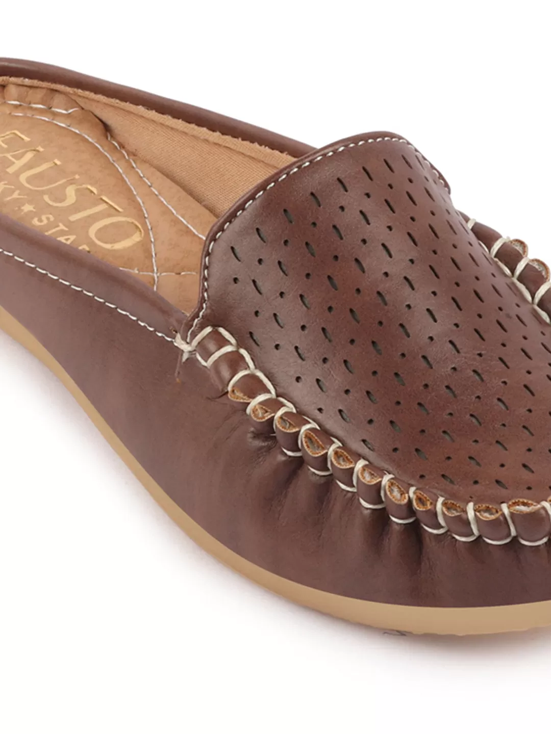 Women Brown Side Stitched Laser Cut Design Back Open Slip On Mules Shoes