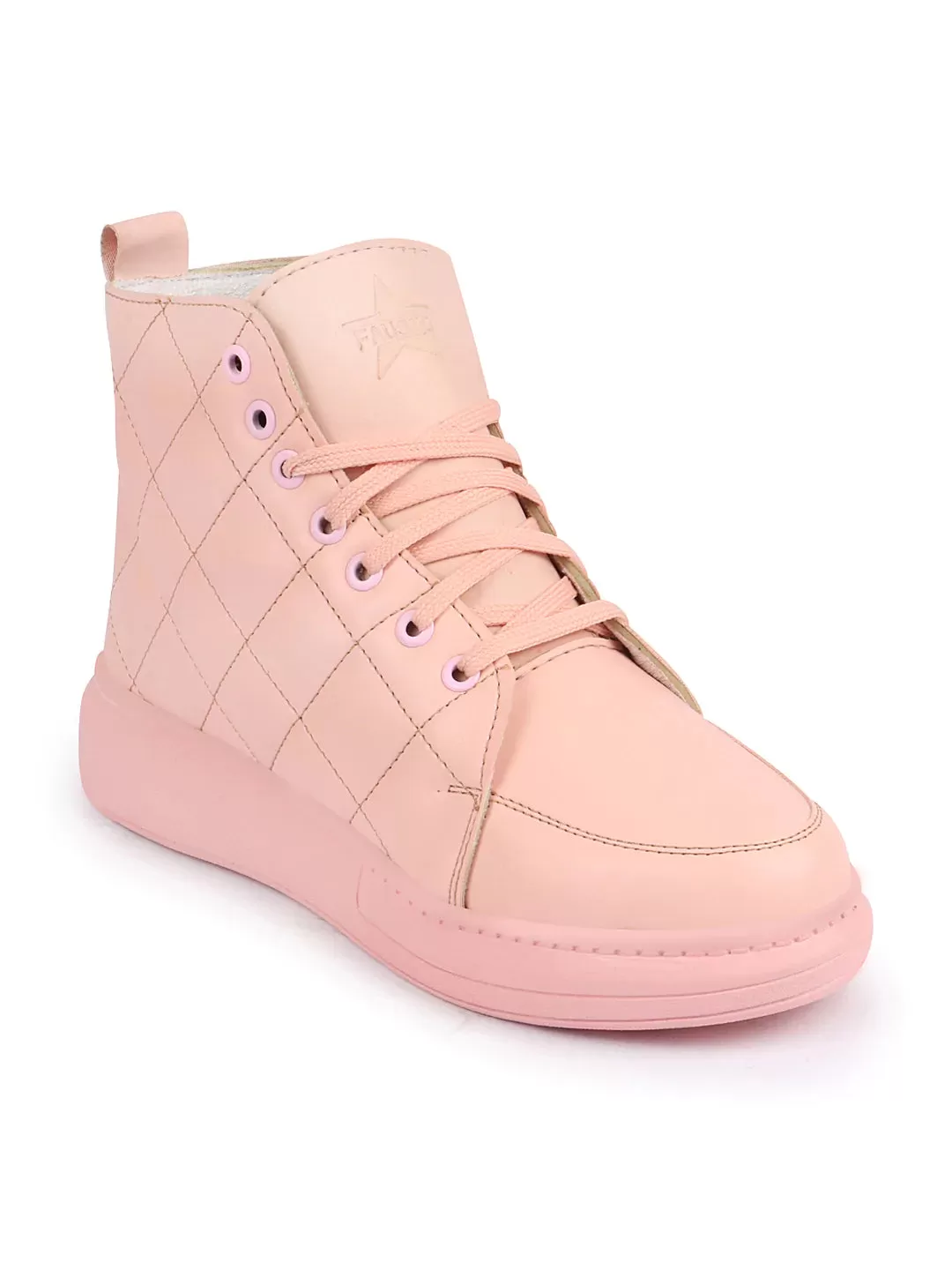 Women Pink High Ankle Top Wedge Heels Stitched Design Lace Up Sneakers Shoes