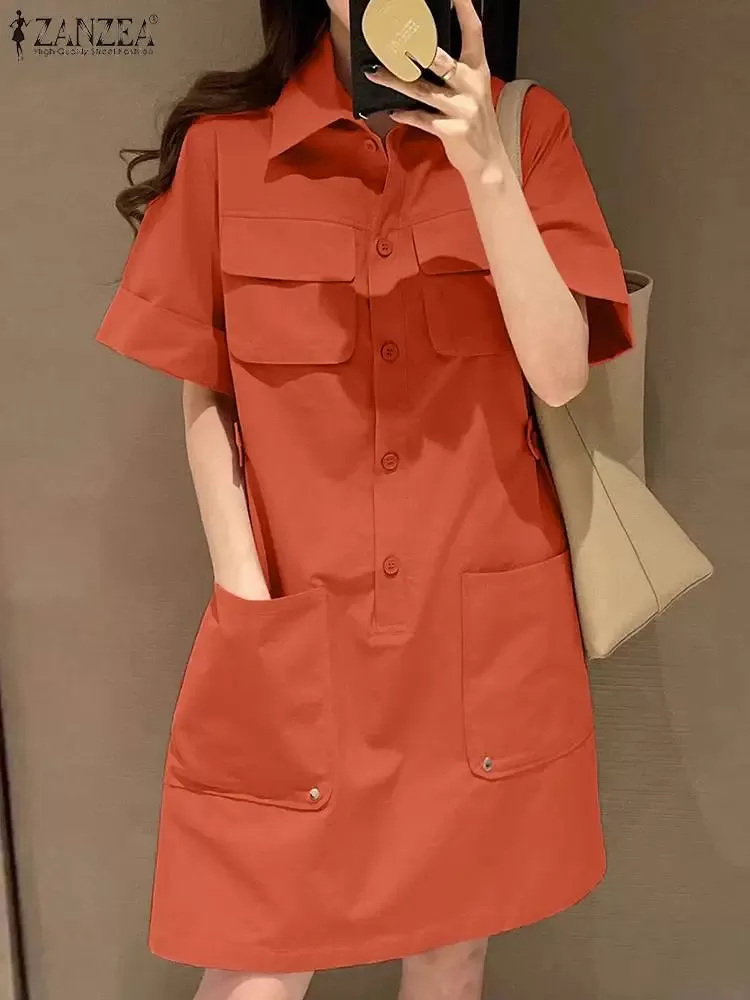 ZANZEA Women's Summer Cargo Dress Korean Style Short Sleeve Shirtdress Casual Turn-down Collar Solid Knee Length Vestidos Pocket