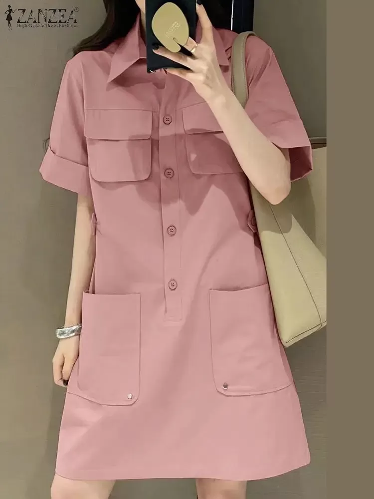 ZANZEA Women's Summer Cargo Dress Korean Style Short Sleeve Shirtdress Casual Turn-down Collar Solid Knee Length Vestidos Pocket