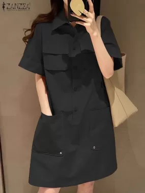 ZANZEA Women's Summer Cargo Dress Korean Style Short Sleeve Shirtdress Casual Turn-down Collar Solid Knee Length Vestidos Pocket