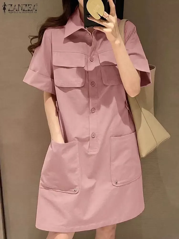 ZANZEA Women's Summer Cargo Dress Korean Style Short Sleeve Shirtdress Casual Turn-down Collar Solid Knee Length Vestidos Pocket