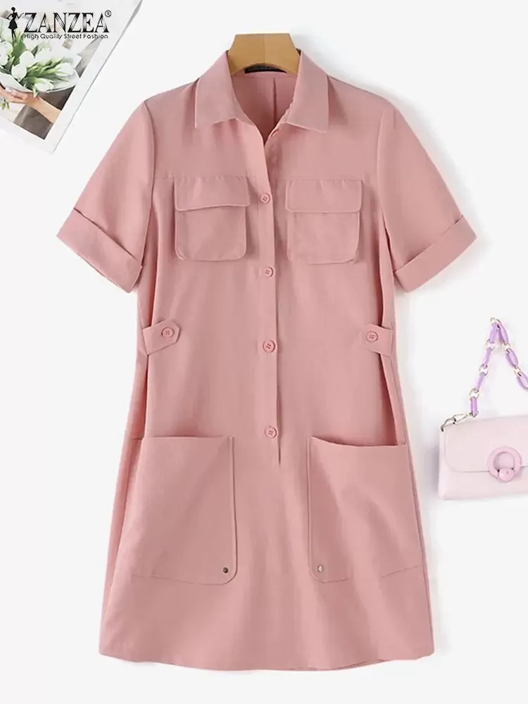 ZANZEA Women's Summer Cargo Dress Korean Style Short Sleeve Shirtdress Casual Turn-down Collar Solid Knee Length Vestidos Pocket